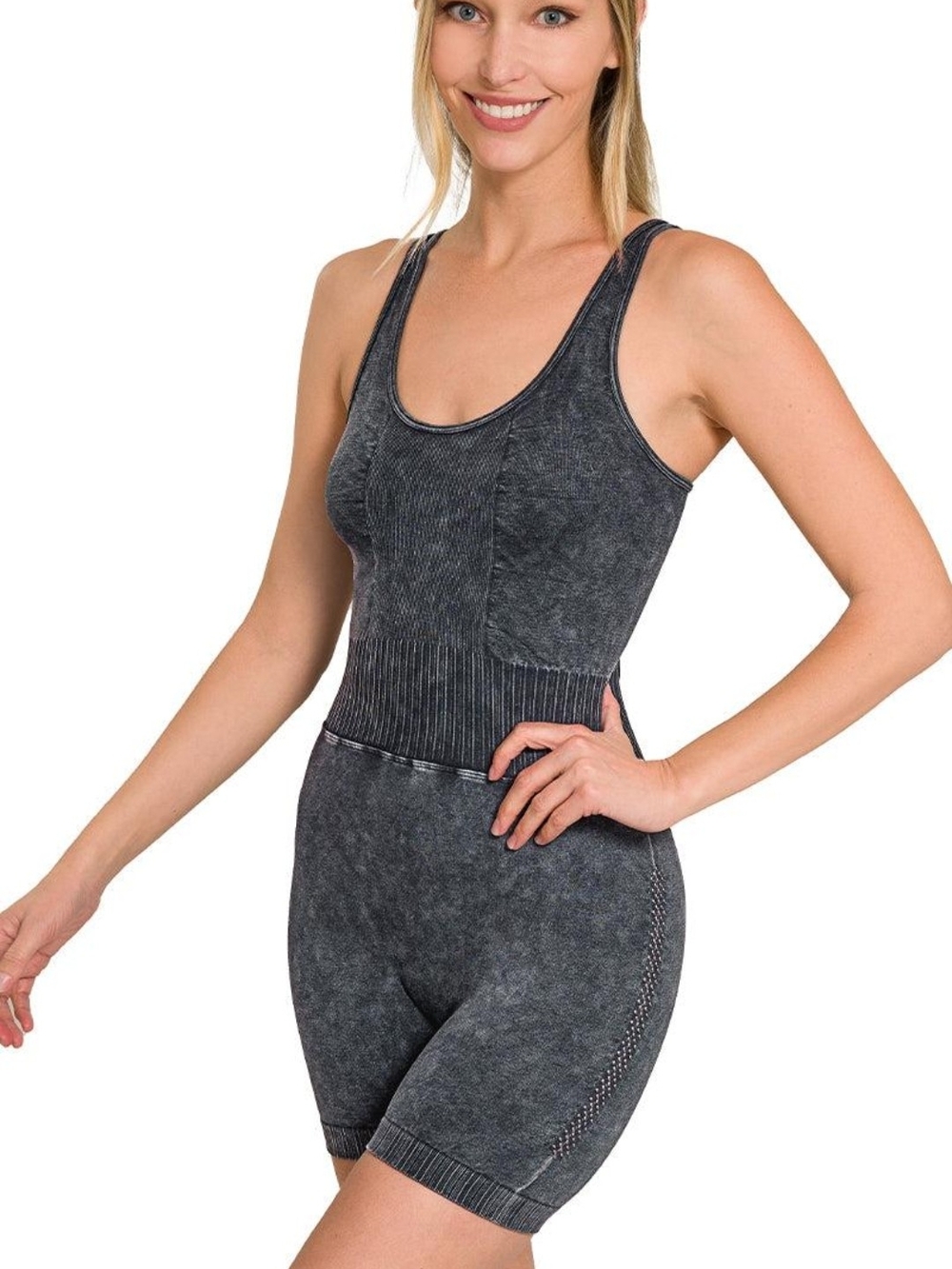 Zenana Black Ribbed Seamless Romper